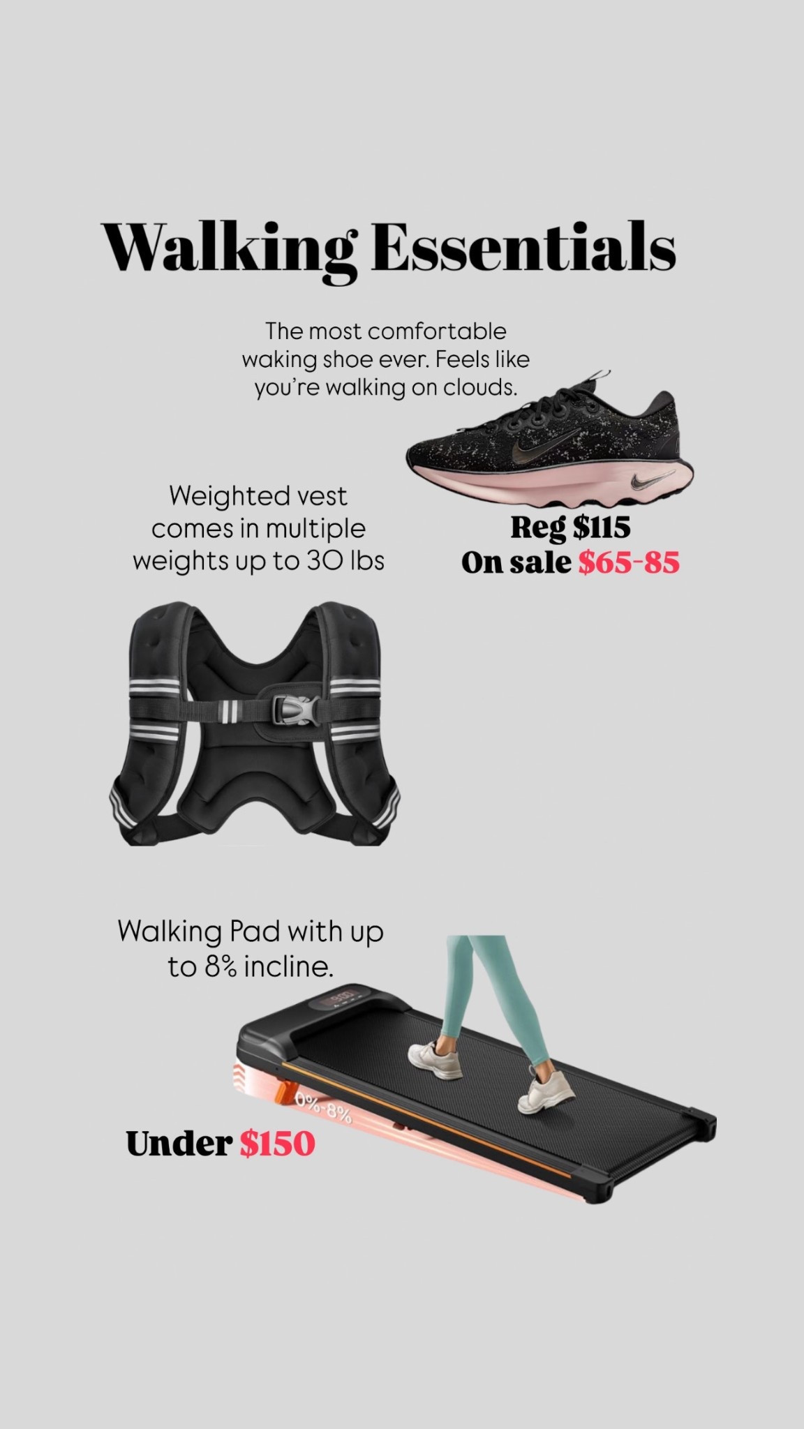 Walking essentials. From the most comfortable walking shoes ever. To a walking pad with incline so that you can stay consistent with your walks no matter the weather! 

#LTKfitnessgoals #LTKOver40