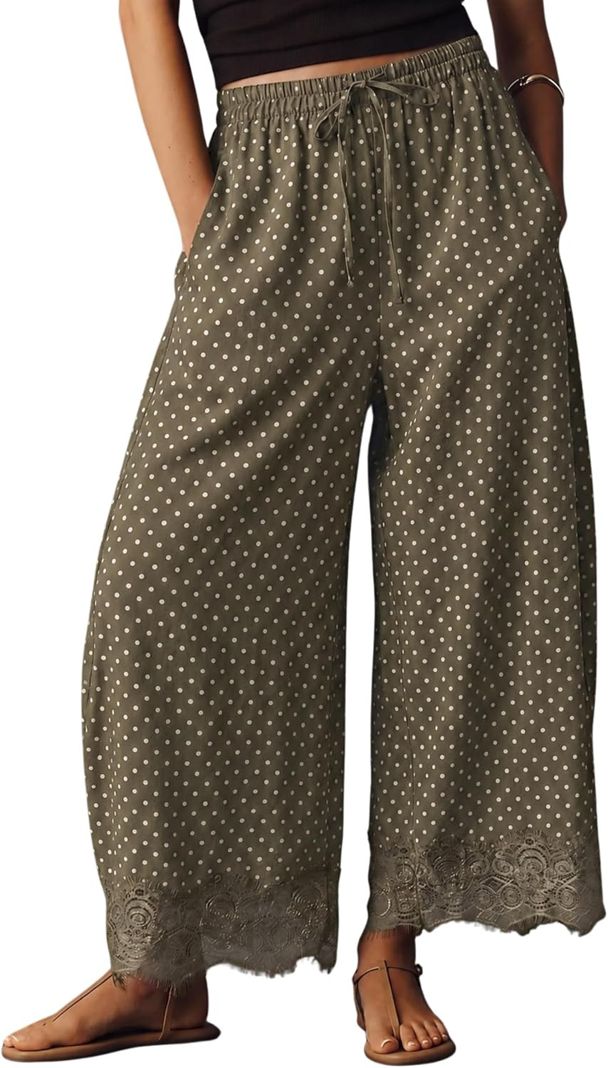 Lviefent Womens Cropped Lace Hem Pants Polka Dot Wide Leg Beach Pants | Amazon (US)