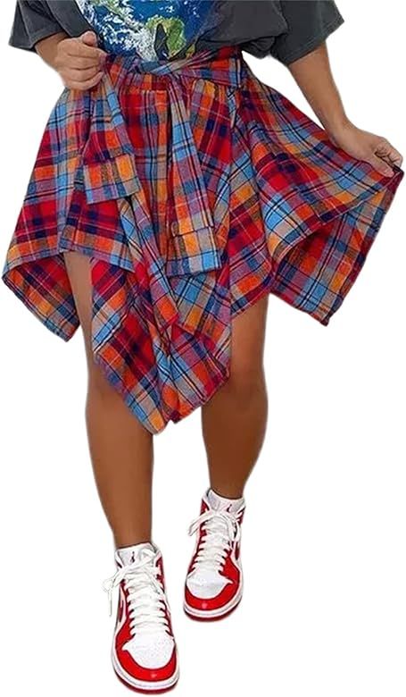 Women's Plaid Skirts High Waisted Knot Front Asymmetrical Hem Mini Skater Skirt | Amazon (US)