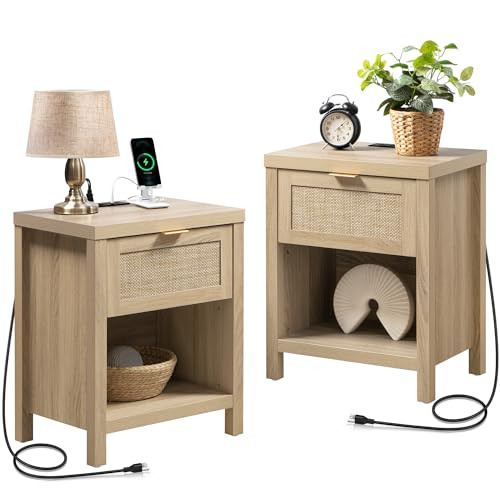 SICOTAS Night Stand Set of 2 with Charger Station Rattan Nightstands with Drawer Farmhouse Bedside Table with USB and Type-C Ports Boho End Side Table for Bedroom Small Space, Light Oak | Amazon (US)