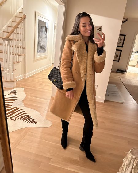 Kat Jamieson wears a winter outfit for date night. Shearling coat, suede cowboy boots, Chanel bag. 

#LTKitbag #LTKSeasonal #LTKshoecrush