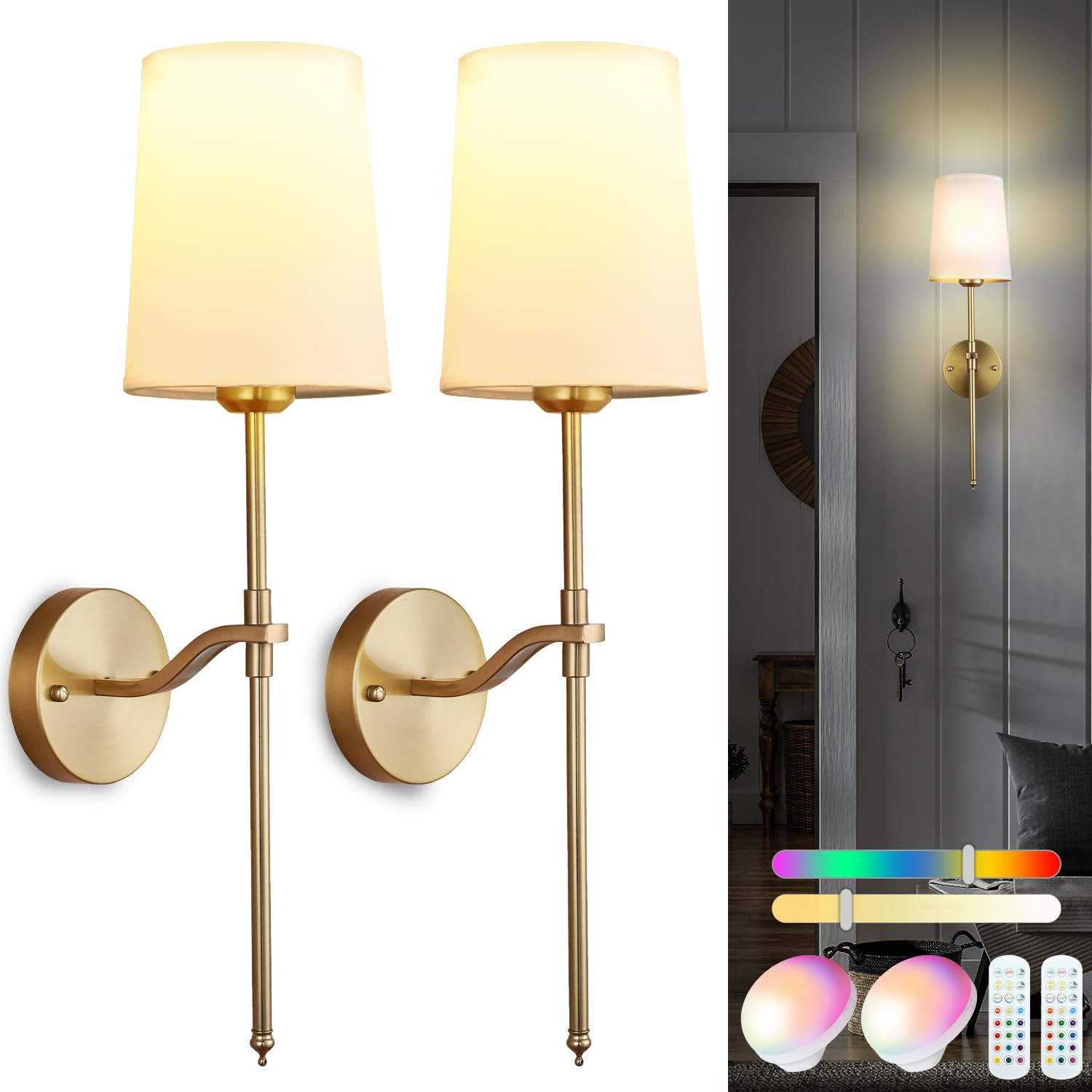 Wall Lights Battery Operated Wall Sconces Set of 2, Gold Rechargeable Wall Sconce with 15 RGB Dim... | Amazon (US)