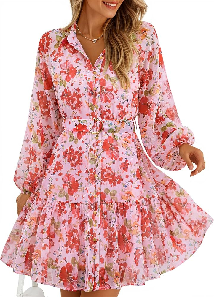 ZESICA Womens Spring Summer Floral Mini Dress Long Sleeve Button Chiffon A Line Swing Short Weddi... | Amazon (US)