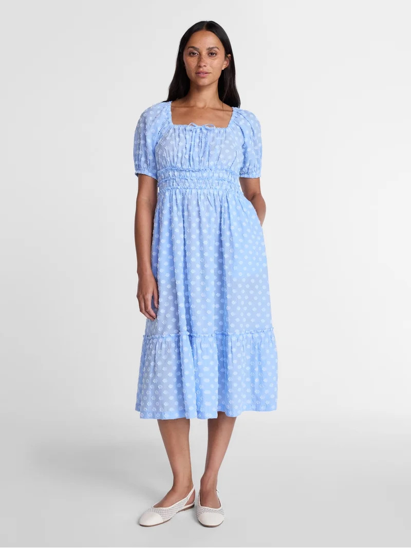 Time and Tru Women's Square Neck Cotton Midi Dress with Puff Sleeves, Sizes XS-XXXL | Walmart (US)