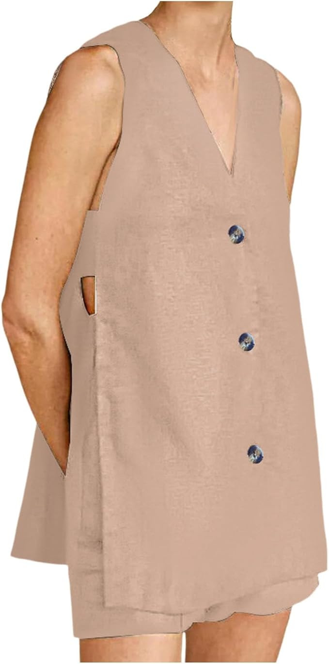 Womens Summer 2 Piece Outfits V Neck Sleeveless Sets Button Down Vest Waistcoat & Pockets Shorts ... | Amazon (US)
