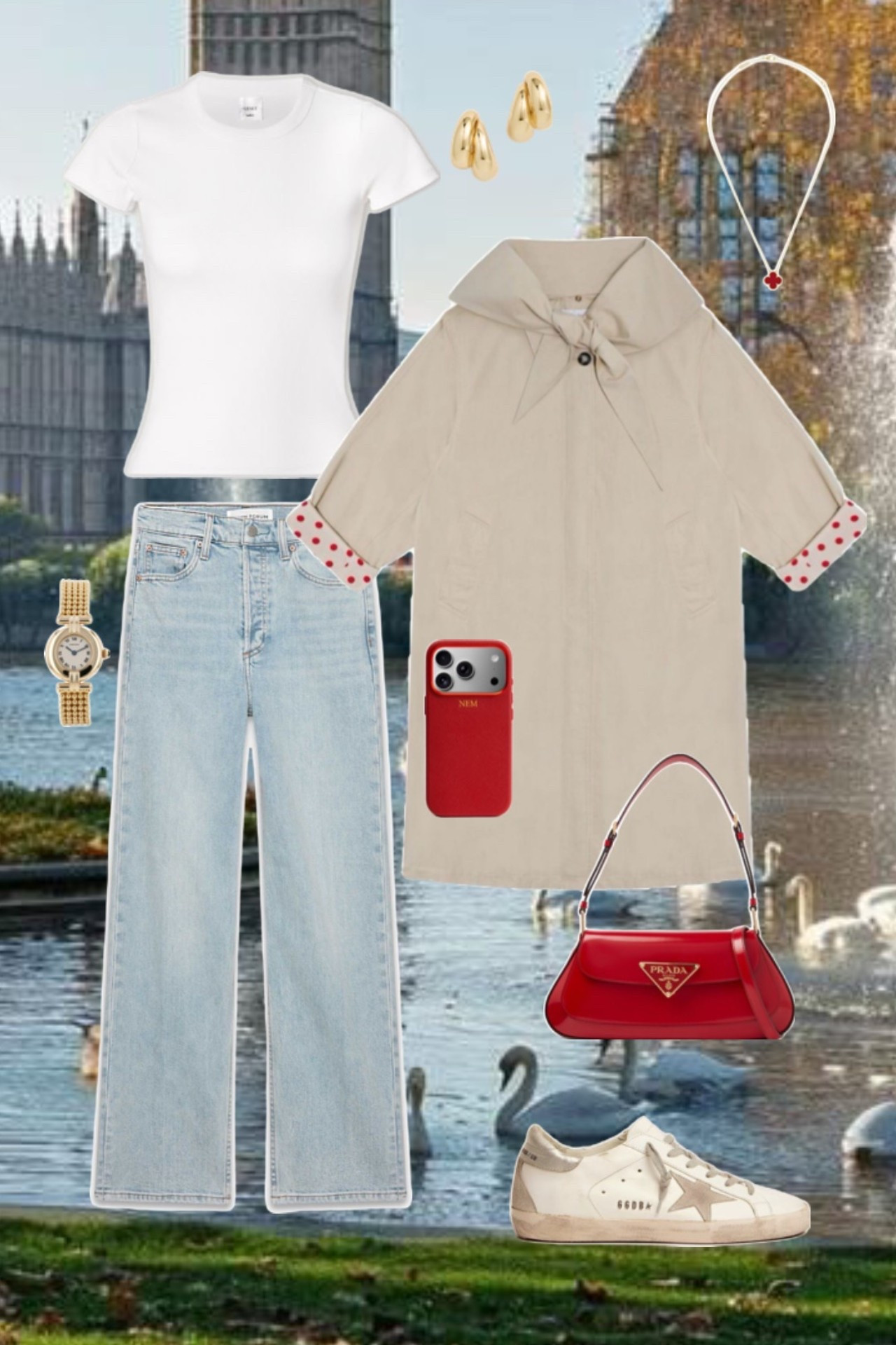 London outfit, trench coat, neutral spring outfit, red handbag, white sneaker outfit, light wash jeans, white tee, red phone case, London girl, euro summer outfit, travel outfit, Europe outfit 

#LTKTravel