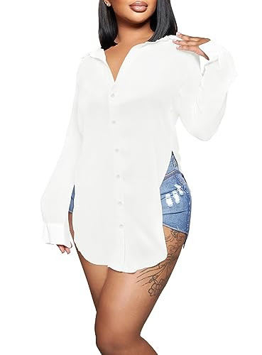 Womens Silk Button Up Blouse Sexy Satin Long Sleeve Shirt Top Dressy Silky Shirts White XL | Amazon (US)
