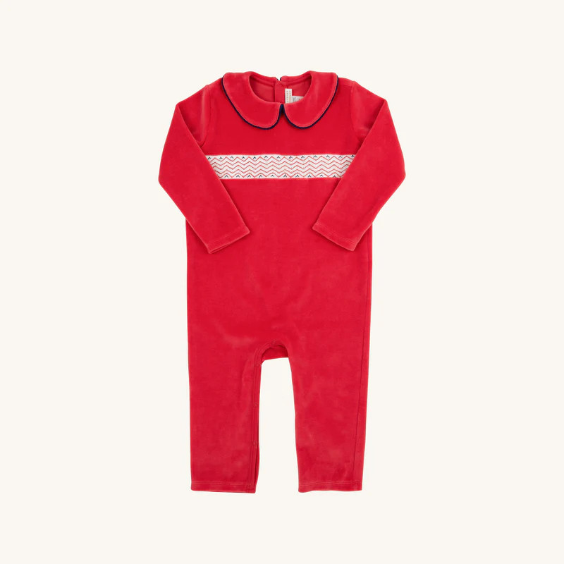 Samuel Smocked Romper (Velour) - Richmond Red with Worth Avenue White | The Beaufort Bonnet Company