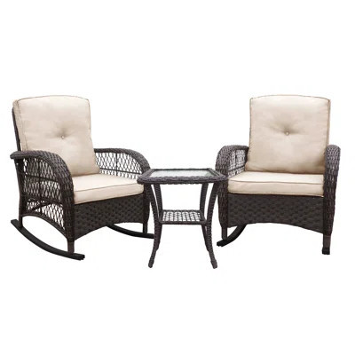 3 Pieces Conversation Set, Outdoor Wicker Rocker Patio Bistro Set, Rocking Chair With Glass Top Side Table | Wayfair North America