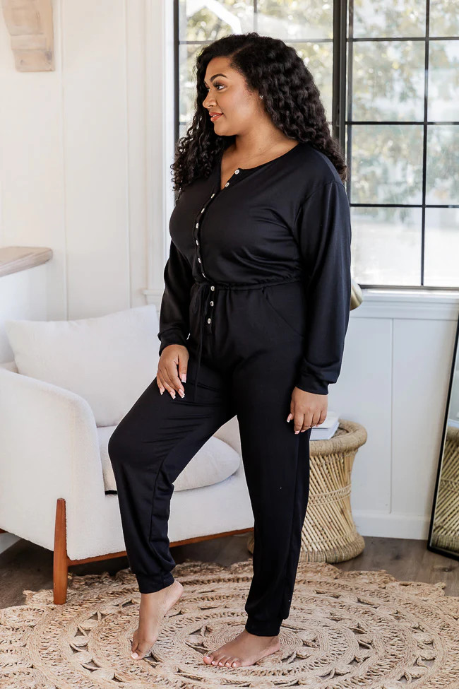 Under Montana Skies Black Knit Long Sleeve Jumpsuit | Pink Lily