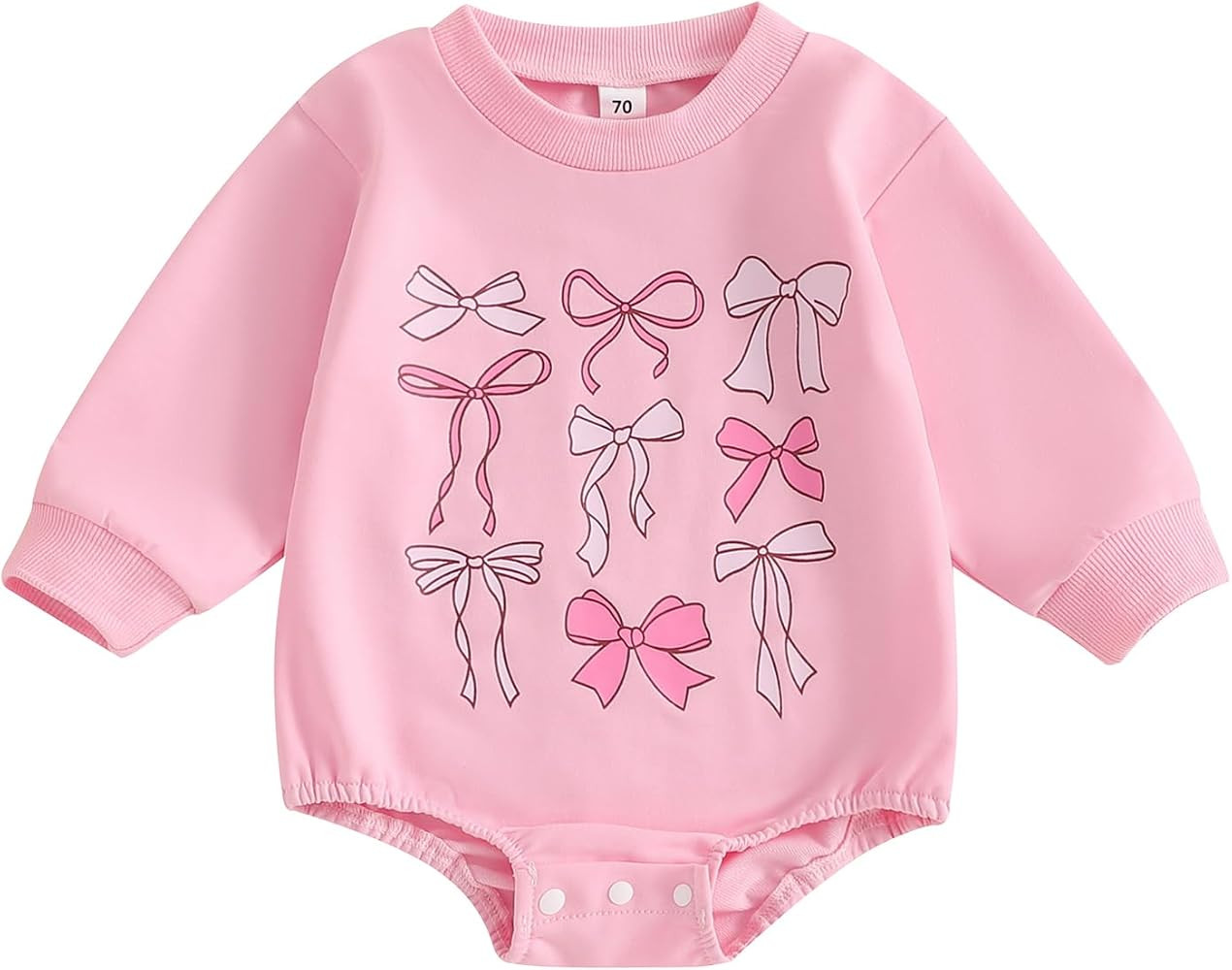 Chloefairy Newborn Baby Girl Bubble Romper Bow Print Onesie Long Sleeve Sweatshirt Romper Bodysui... | Amazon (US)