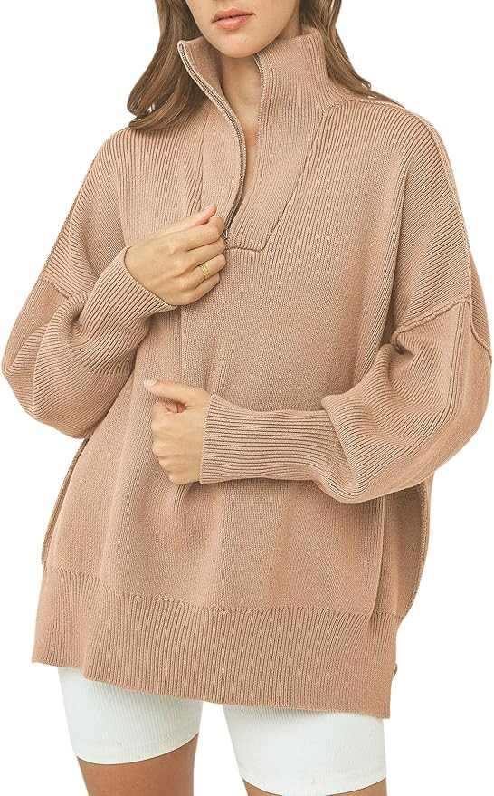 Prinbara Women's Long Sleeve 1/4 Zipper Drop Shoulder Oversized Slouchy Ribbed Knit Sweatshirt Pu... | Amazon (US)