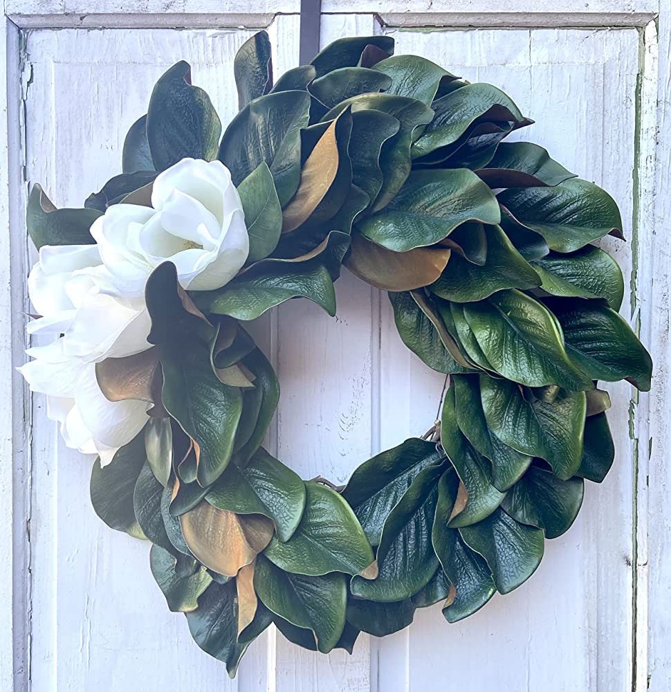 Handmade Round Faux Magnolia Front Door Wreath with 3 Blooms, Real touch leave and flowers, Sprin... | Amazon (US)