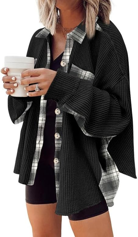SHEWIN Womens Waffle Knit Plaid Shacket Boyfriend Button Down Shirt Jacket Loose Long Sleeve Tops | Amazon (CA)