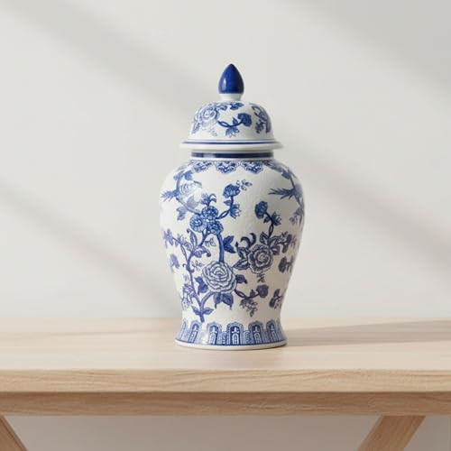 Decorative Ginger Jar for Home Decor – Ceramic Jar With Lid, Chinoiserie Pattern, Large Tabletop Accent for Living Room or Entry Shelf Display, Stylish Centerpiece Decor – 18", Blue & White | Amazon (US)