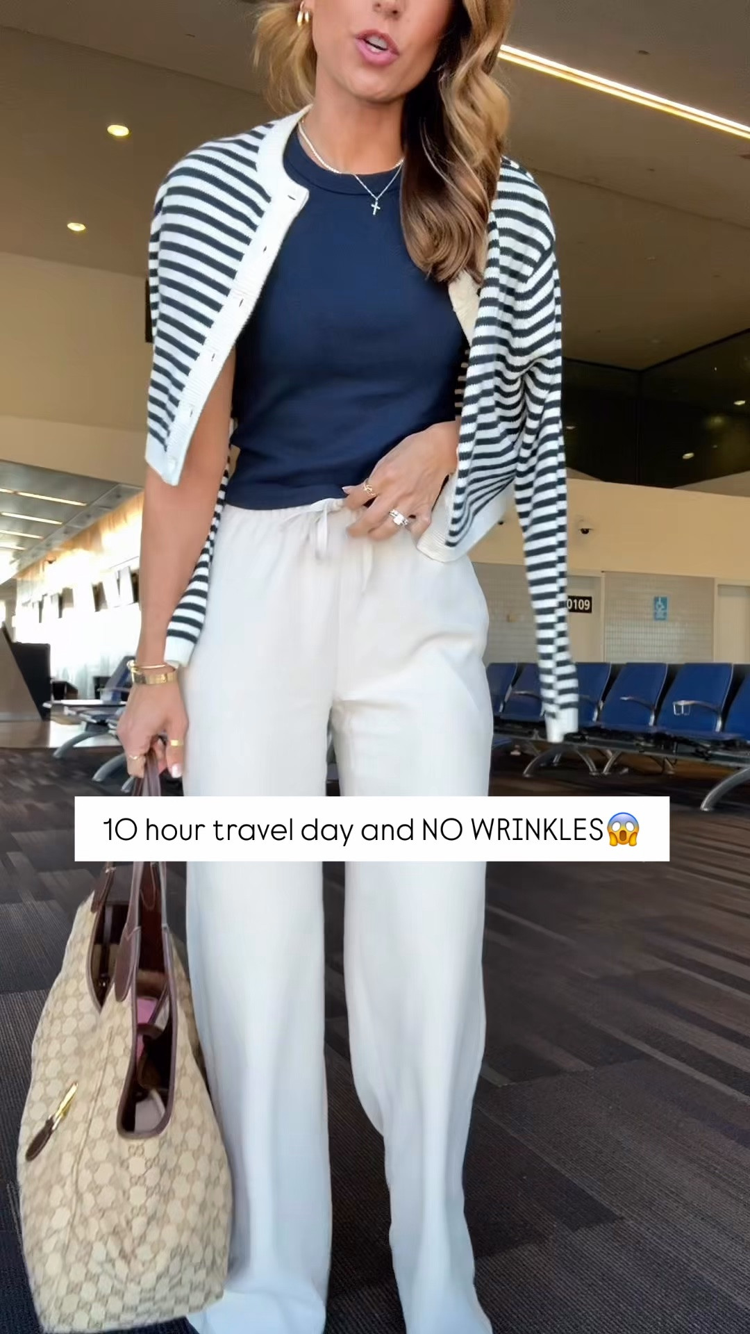 My travel outfit of the day! Aritzia The Lodge Pant - Crepette. Size XS regular. Comes in short and tall, too. Wrinkle resistant with an elastic waist and high-rise. Aritzia t-shirt in XS. Aritzia striped cropped cardigan in 2XS. Jelly ballet flats are whole sizes only. I’m a 6.5 and sized down to a 6 per reviews. Business casual. Elevated casual. Workwear. Coastal outfit.

#LTKootd #LTKTravel #LTKWorkwear

#LTKootd #LTKPetite #LTKTravel