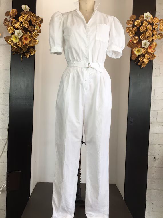 1980s jumpsuit, White cotton jumpsuit, vintage 80s jumpsuit, a byer pantsuit, puff sleeves, size ... | Etsy (US)