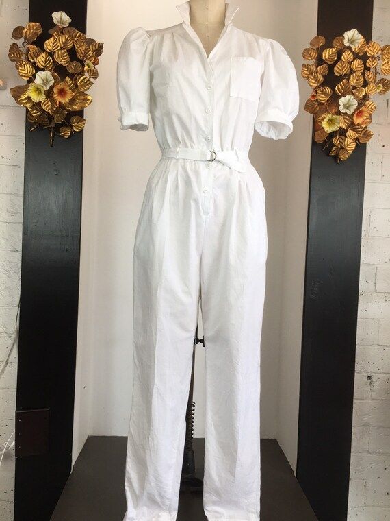 1980s jumpsuit, White cotton jumpsuit, vintage 80s jumpsuit, a byer pantsuit, puff sleeves, size ... | Etsy (US)