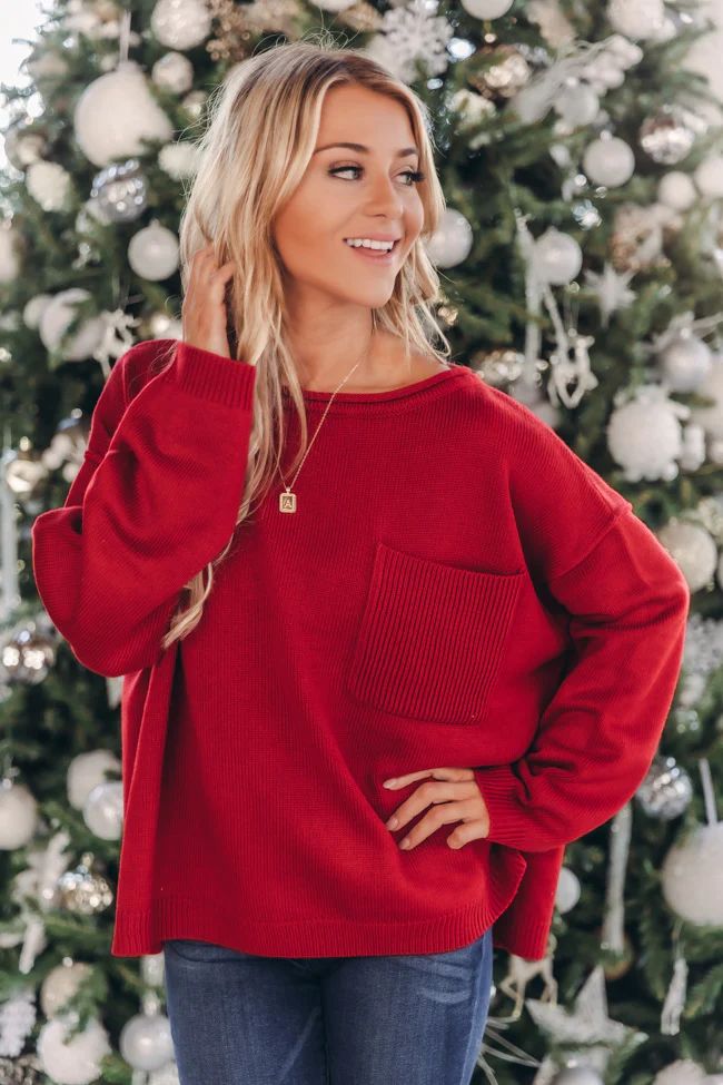 Cozy Up Pocket Red Sweater | The Pink Lily Boutique