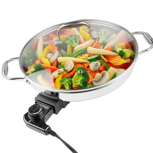 Electric Skillet By Cucina Pro - 18/10 Stainless Steel Frying Pan with Tempered Glass Lid and Handles, 12" Round, Adjustable Temperature Control Knob, Portable and Includes Recipe Guide, Great Gift | Amazon (US)