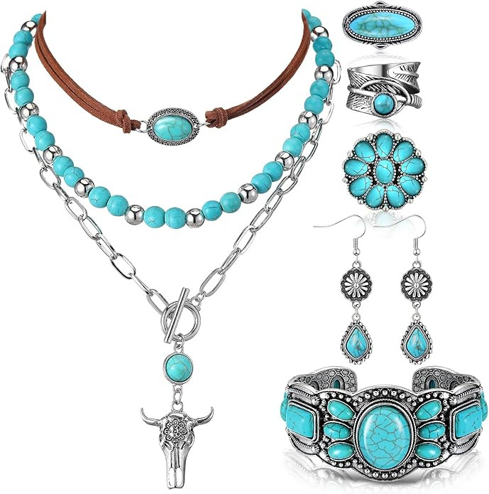 Ecally Bohemian Western Jewelry Turquoise Set Women Bohemian Pendant Long Choker Layered Bracelet... | Amazon (US)