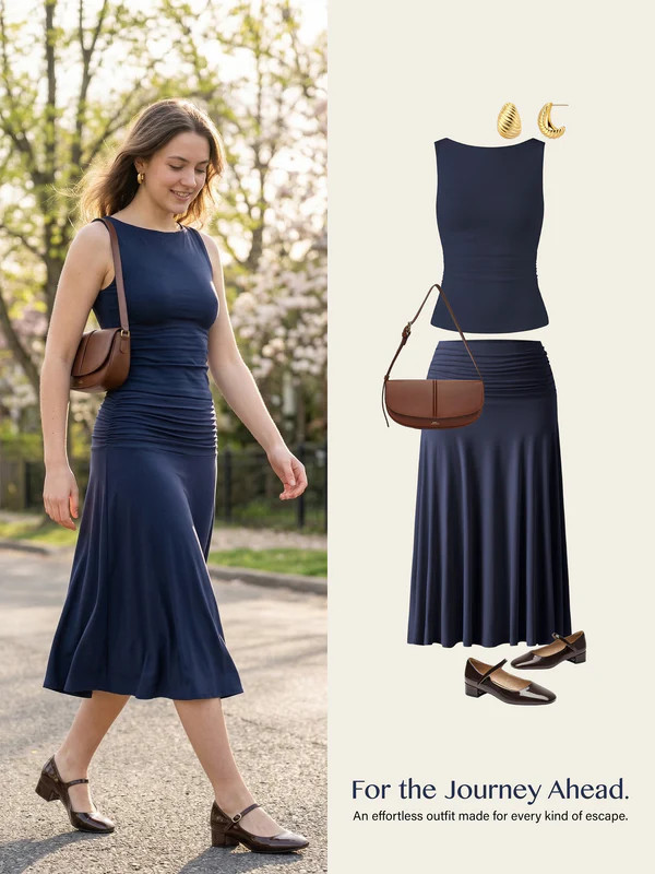 2Pcs Set Open Back Bra Tank & Side Ruched A-line Midi Skirt | OGLmove