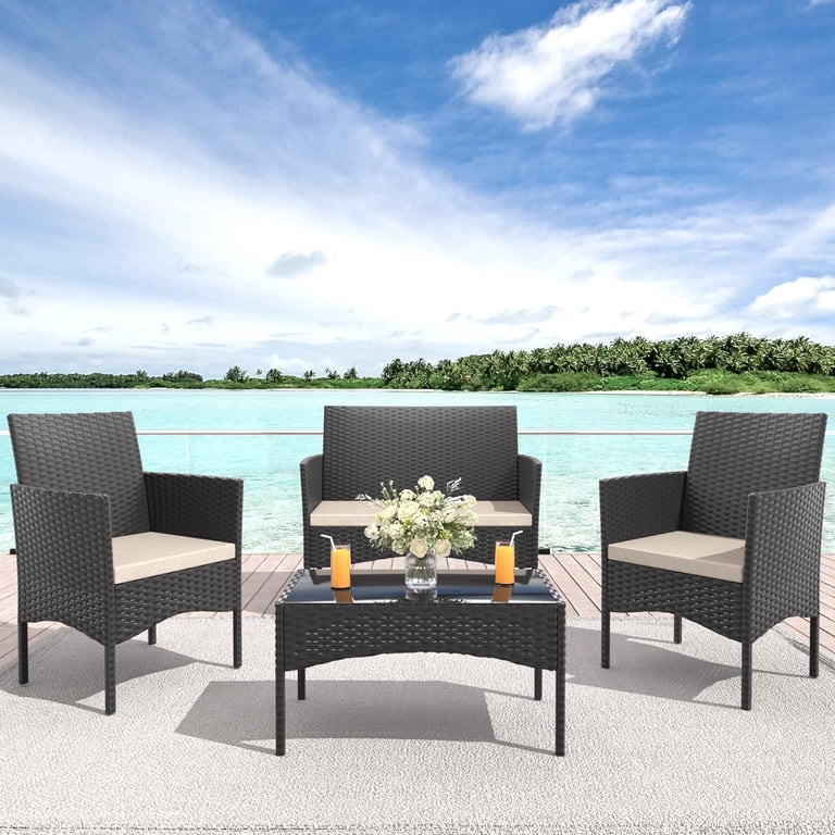 ALAULM 4-Piece Wicker Rattan Outdoor Furniture Patio Conversation Set with Cushions and Coffee Ta... | Walmart (US)