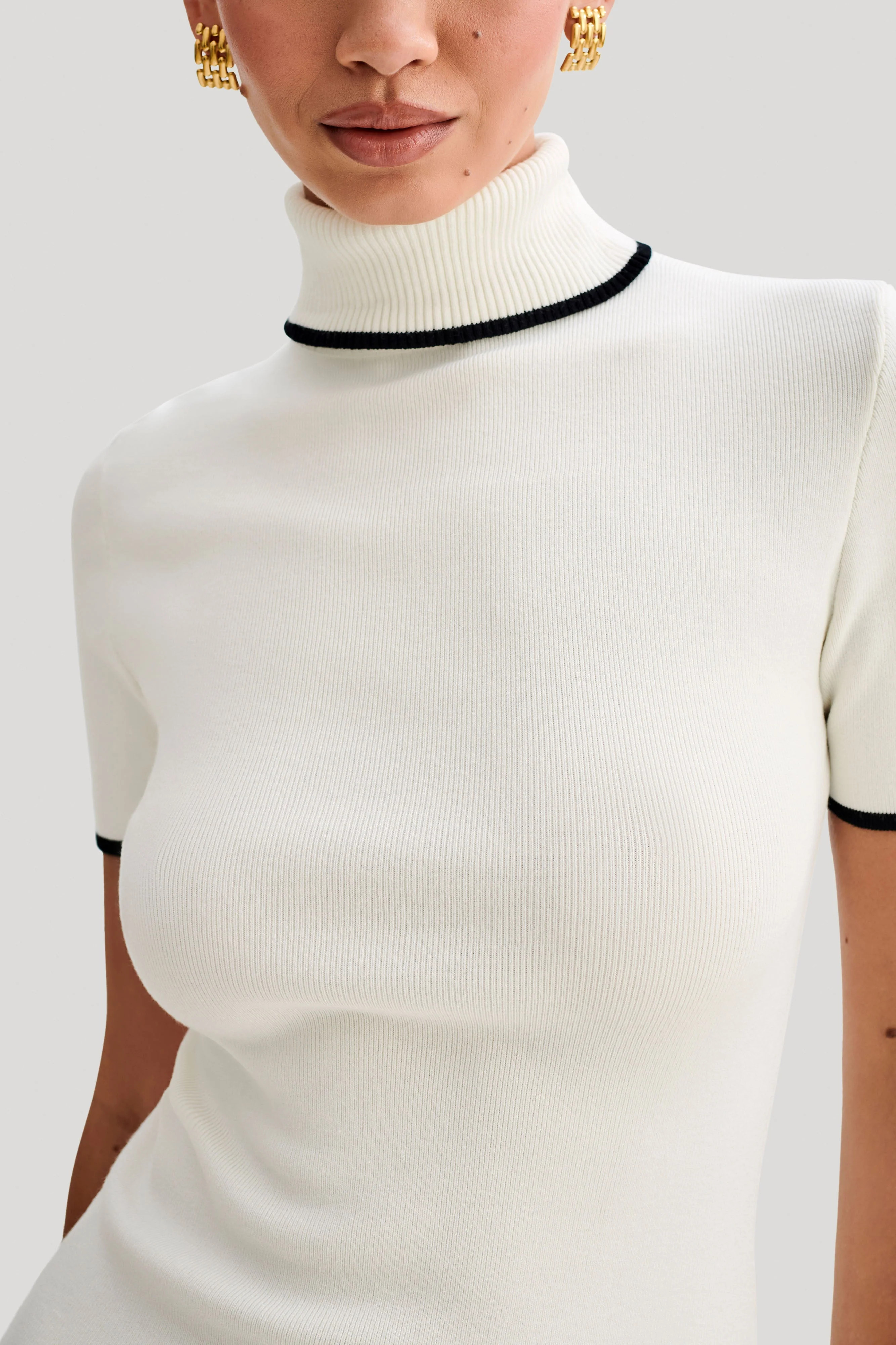 Hayley Turtleneck Contrast Knit Mini Dress - Ivory | MESHKI US