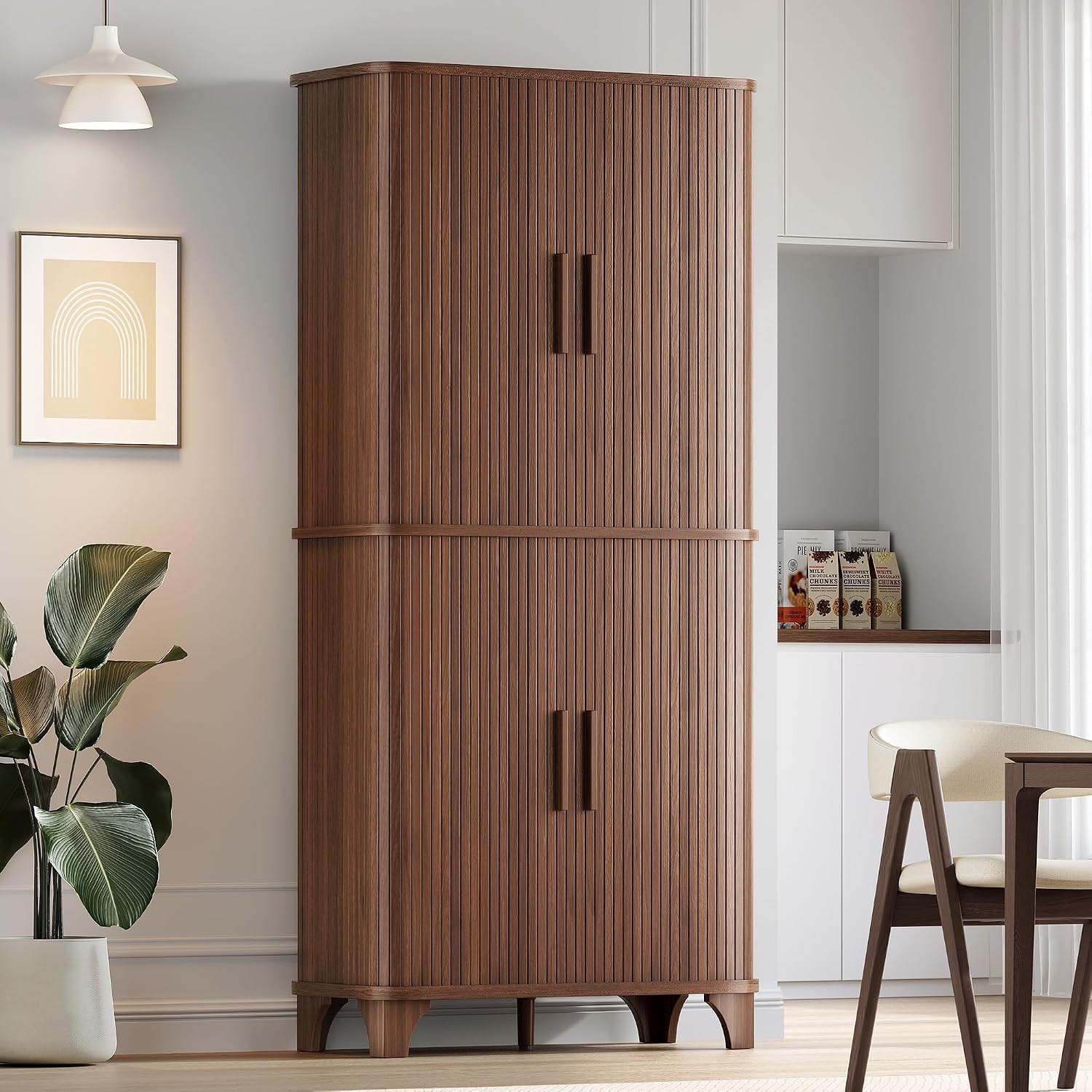 Decofy 69" Tall Kitchen Pantry Storage Cabinet with Sliding Door, Modern Curved Edge Pantry Storage Cabinet with 5 Shelves, Cupboard for the Kitchen, Dining Room, Bedroom, Living Room, Office (Walnut) | Amazon (US)
