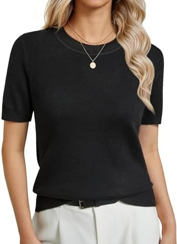 Women's Short Sleeve Sweaters Wool Blend Knit Summer Tops Soft Business Casual Outfits for Women ... | Amazon (US)