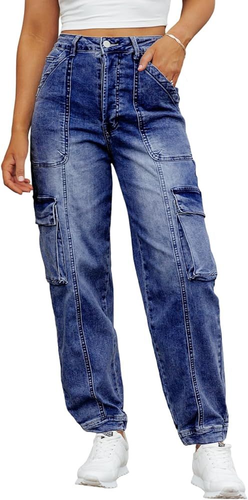 Astylish Women's High Waisted Cargo Jeans Flap Pocket Straight Leg Denim Jogger Pants | Amazon (US)