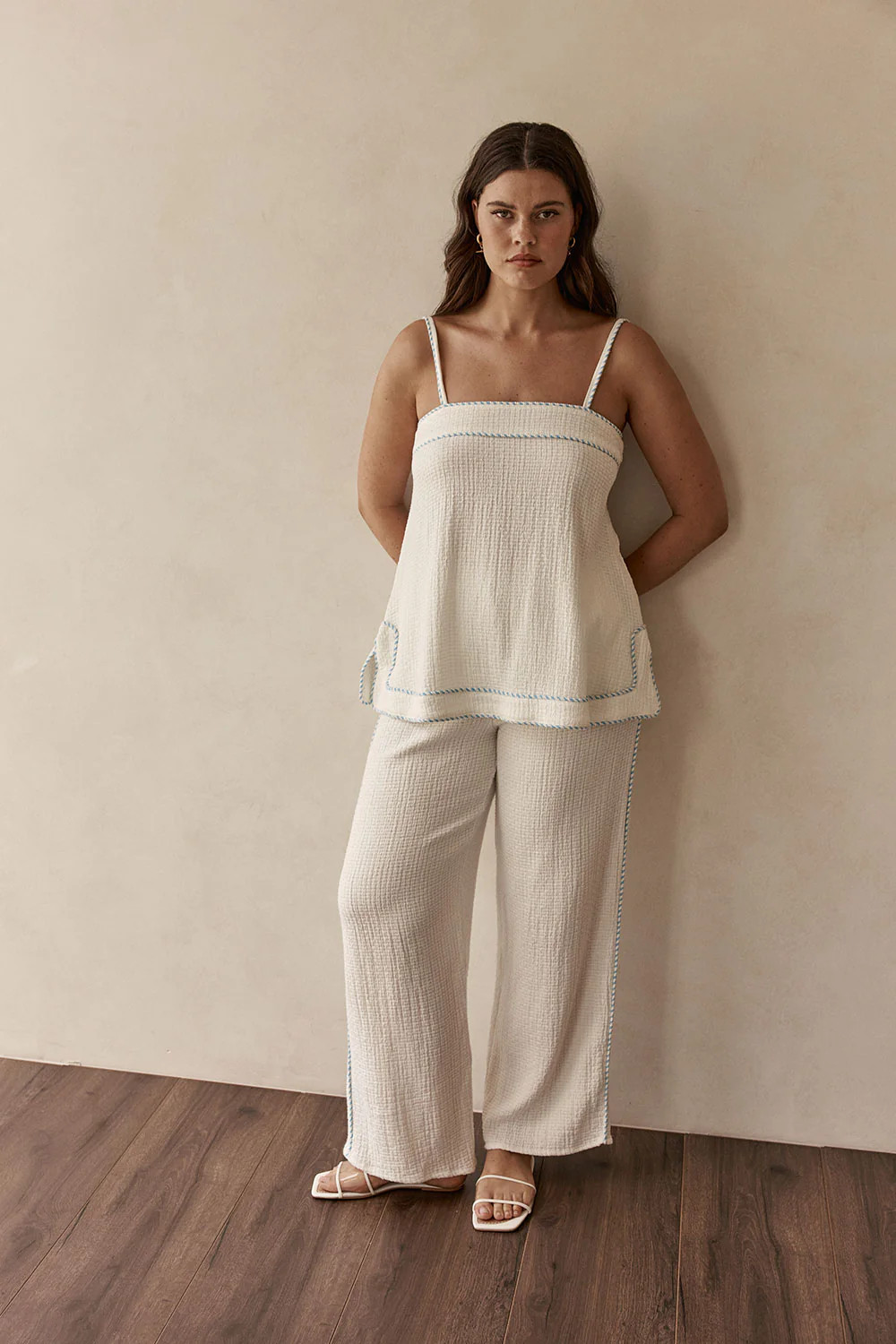 White Textured Cotton Elastic Drawstring Alix Pants | Sabo Skirt AU