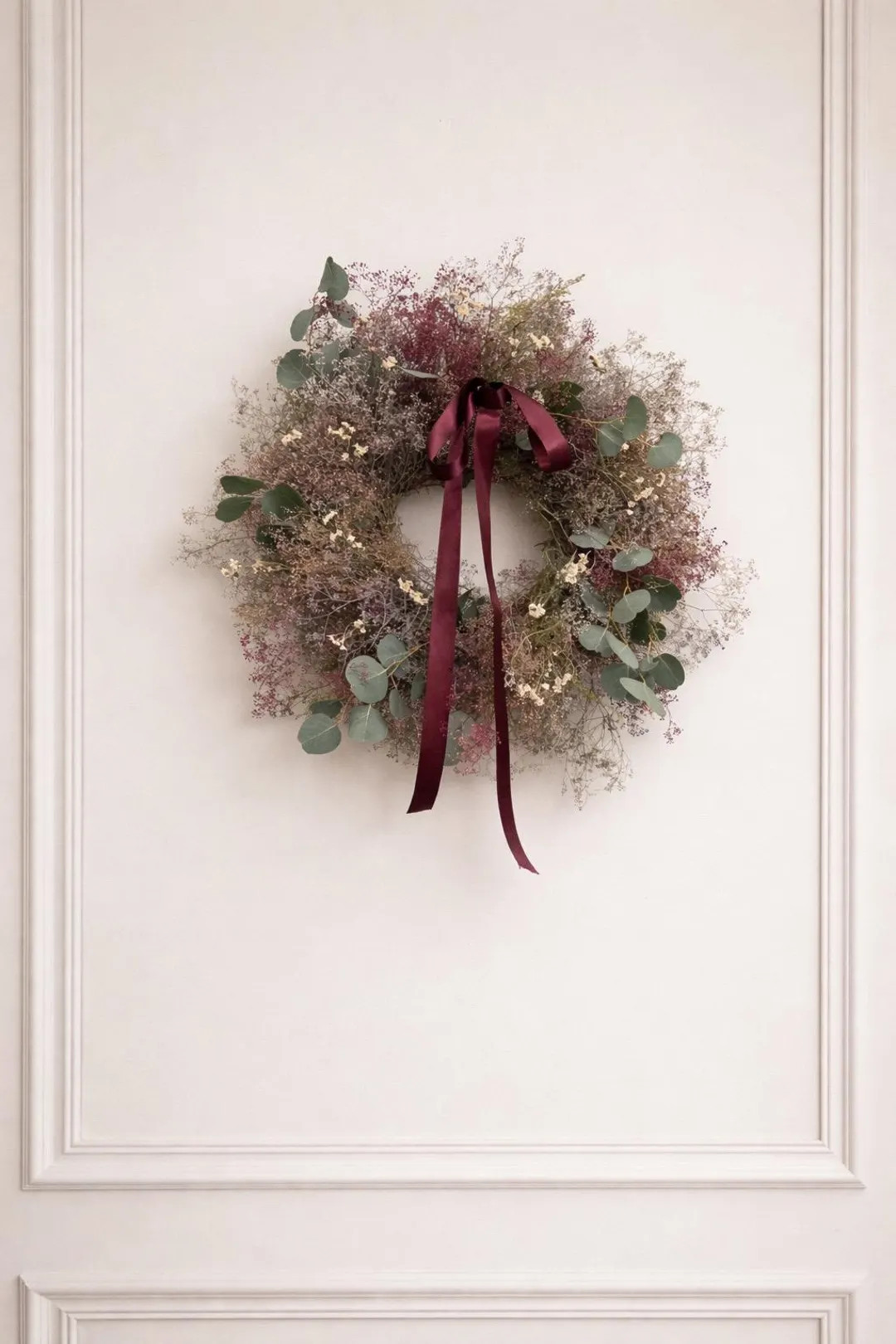 Vancortlandt Farms Natural Eucalyptus Dried Flowers and Burgundy Ribbon Handmade Pearly Gypsophil... | Etsy (US)