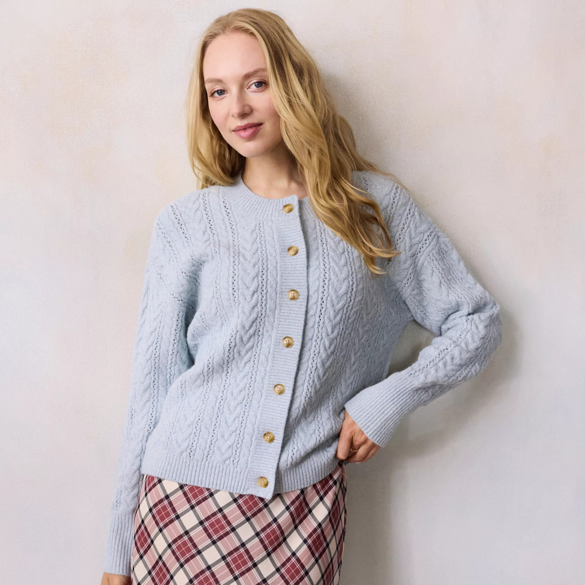 Women's LC Lauren Conrad Crewneck Pointelle Cable Sweater Cardigan, Size: Medium, Black Olive | Kohl's