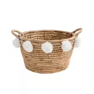 Oval Natural Water Hyacinth Decorative Basket with White Pompom Balls | The Home Depot