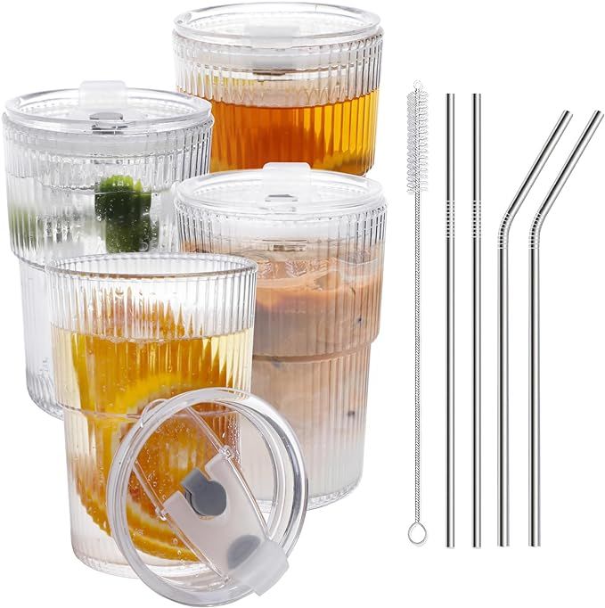 REALWAY 17 OZ Iced Coffee Cups with Lids and Straws Set of 4, Unbreakable Plastic Drinking Glasse... | Amazon (US)