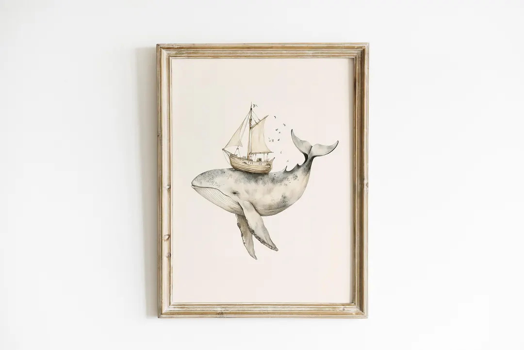Nautical Nursery Print Whale Watercolor Print Ocean Nursery Minimalist Sailboat Nursery Printed a... | Etsy (US)