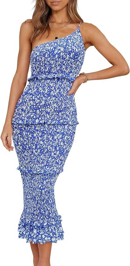 PRETTYGARDEN Womens Floral Summer One Shoulder Strappy Tiered Ruffle Midi Bodycon Dresses | Amazon (US)