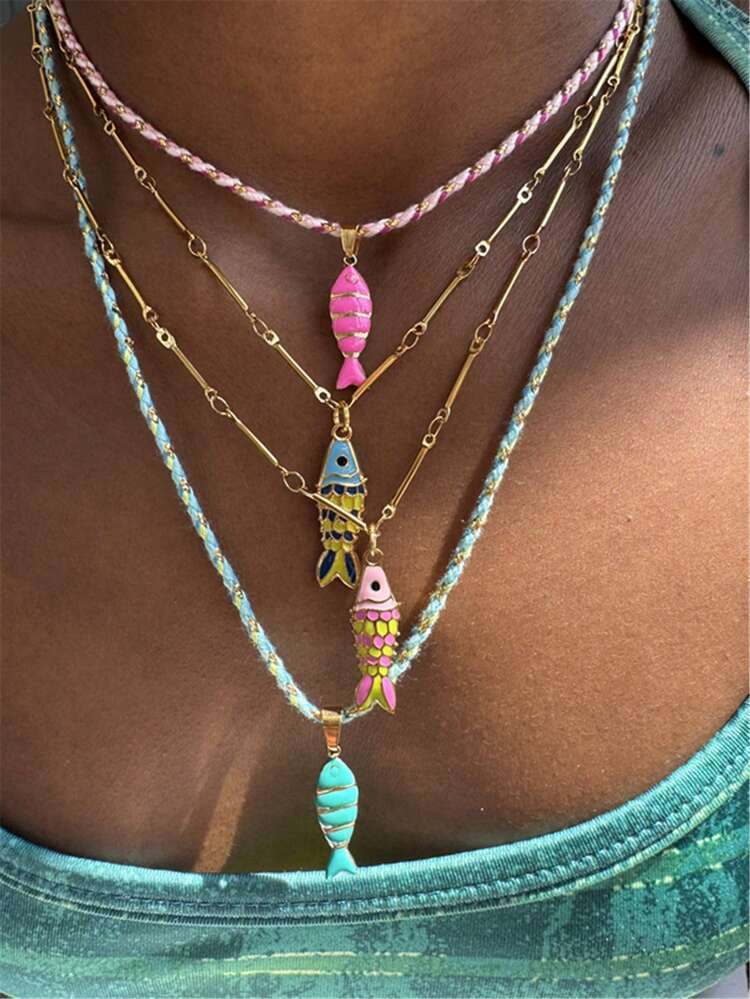 Funky Stainless Steel Colorful Fish Pendant Necklace Metal Rope Chain Necklace For Women Simple J... | SHEIN