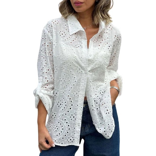 PuliPuqi Women's Crochet Eyelet Button Down Rolled Up Long Sleeve Boho Oversized Shirt Blouse Top... | Walmart (US)