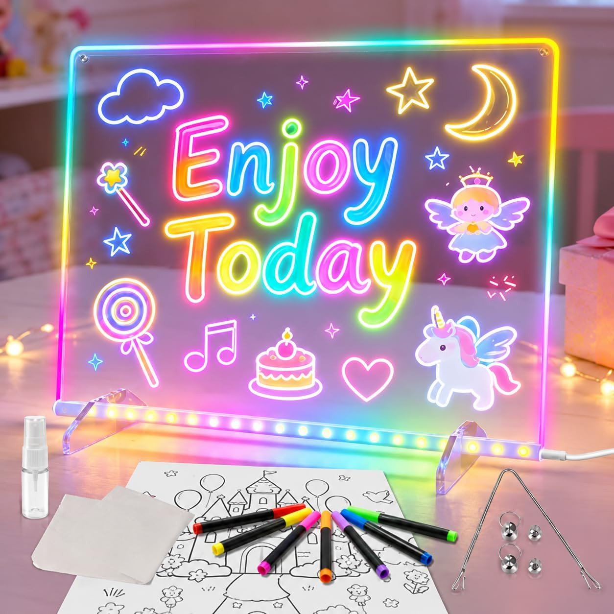 LED Note Board with Colors, 13.7"X10" 6 Modes & 8 Colors Acrylic Dry Erase Boards with Light, Led Drawing Board for Kids with Stand,Birthday Holiday Day Gifts for Girls & Boys Age 3+ | Amazon (US)