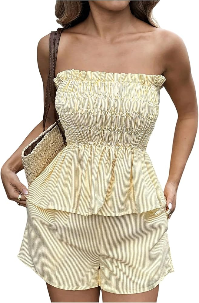 SOLY HUX Women's 2 Piece Summer Vacation Outfits Striped Peplum Ruffle Hem Tube Tops and Shorts S... | Amazon (US)