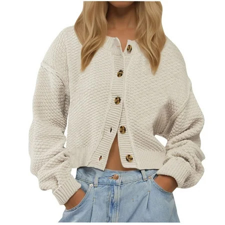 hotojiny Cardigan Sweaters for Women Long Sleeve Cropped Cable Knit Sweaters V Neck Button Down Casual Outerwear | Walmart (US)