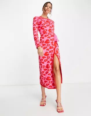 Never Fully Dressed leopard knit wrap midi dress in pink and red | ASOS (Global)