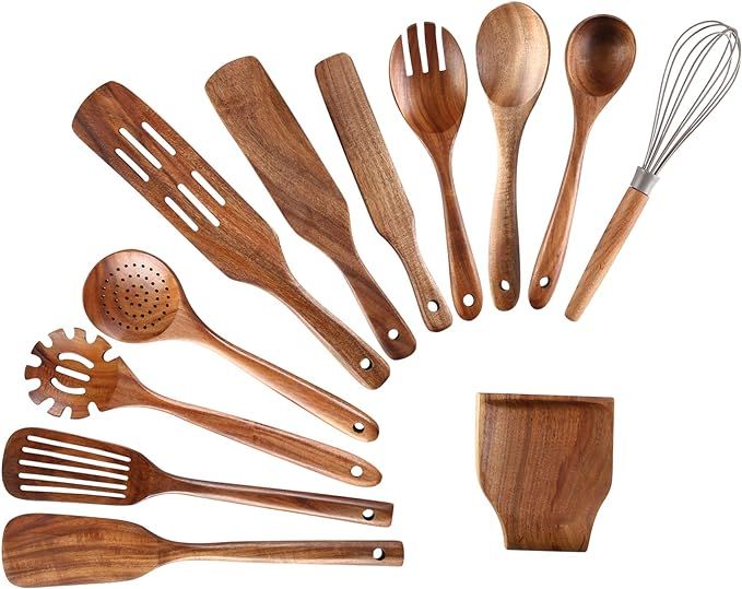 Kitchen Utensils Set, NAYAHOSE 12 Pcs Teak Wooden Cooking Spoons Spatula Spurtles Kit with Spoon ... | Amazon (US)