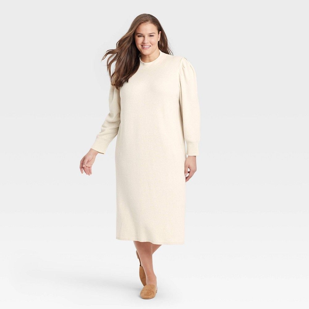 Women's Plus Size Puff Long Sleeve Sweater Dress - Who What Wear Cream 2X, Ivory | Target