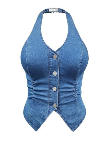 OYOANGLE Women's Plus Size Denim Top Button Front Halter Sleeveless Ruched Jean Vest Tank Concert... | Amazon (US)