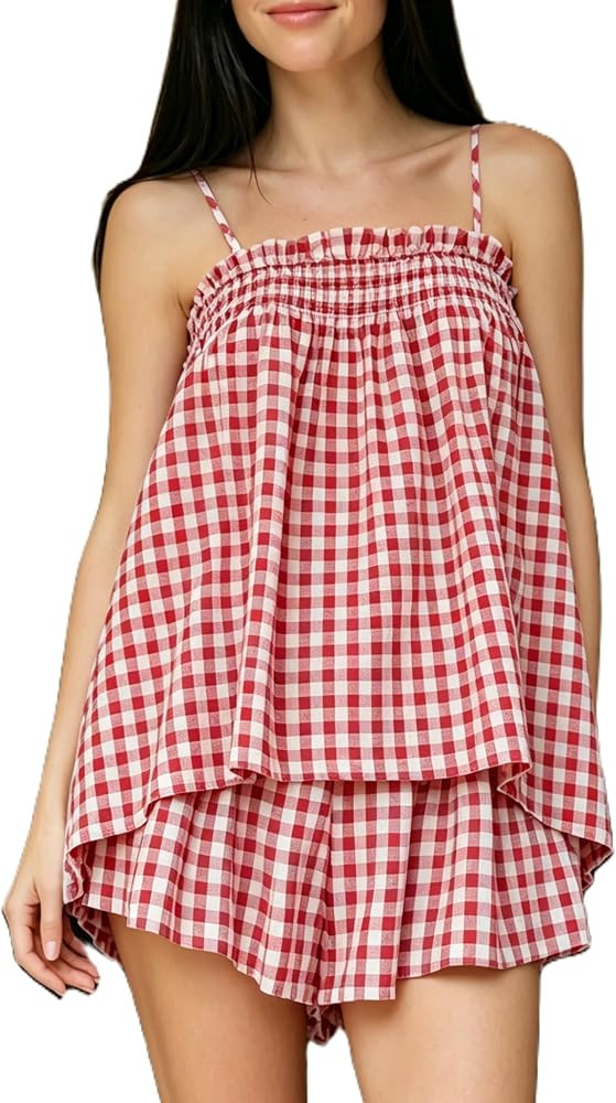Women\u2018s Gingham Pajama Set Babydoll Tank Top Matching Plaid Shorts Y2k Sleepwear Two Piece L... | Amazon (US)