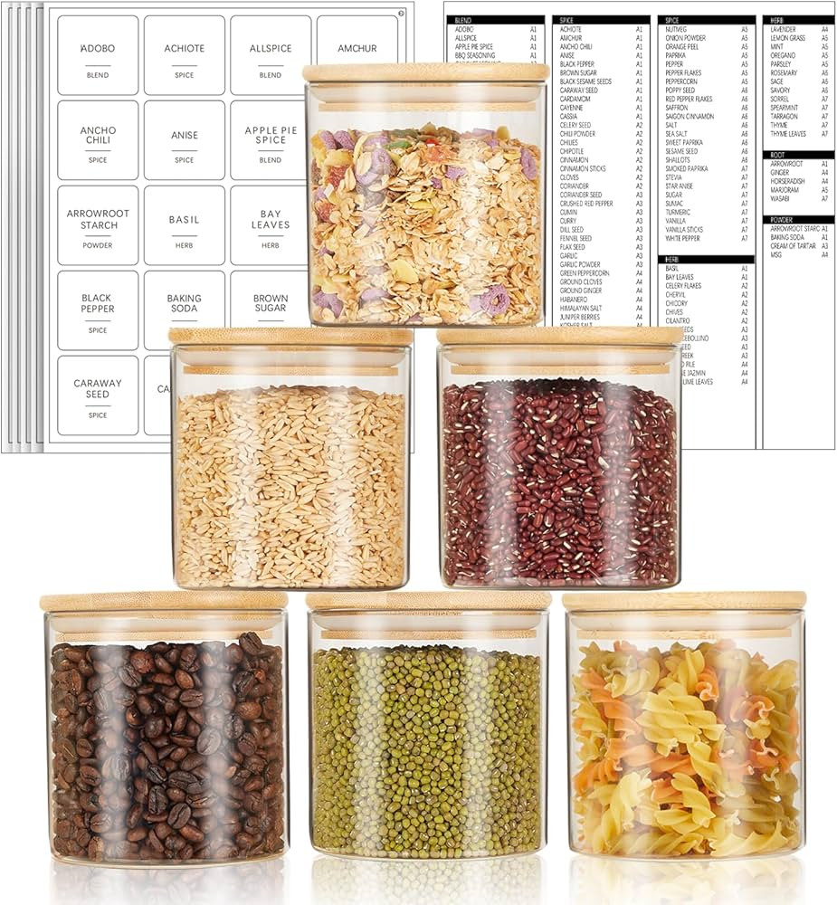 24oz Glass Food Storage Jars Set of 6 with 140 Pantry Labels, Clear Glass Storage Containers with... | Amazon (US)