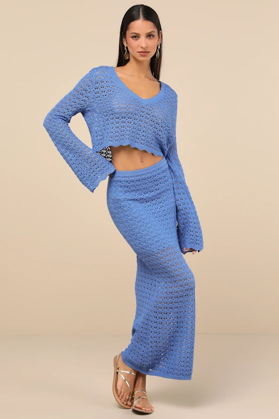 Serene Aesthetic Blue Crochet Knit Midi Skirt | Lulus